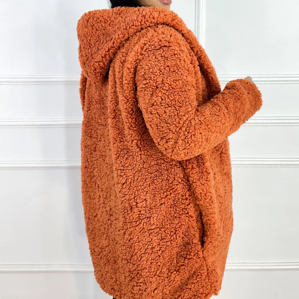 Langer Damen-Teddymantel mit Kapuze und Fleecefutter