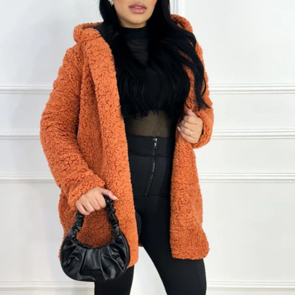 Langer Damen-Teddymantel mit Kapuze und Fleecefutter