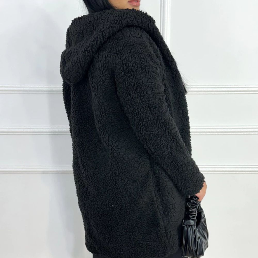 Langer Damen-Teddymantel mit Kapuze und Fleecefutter