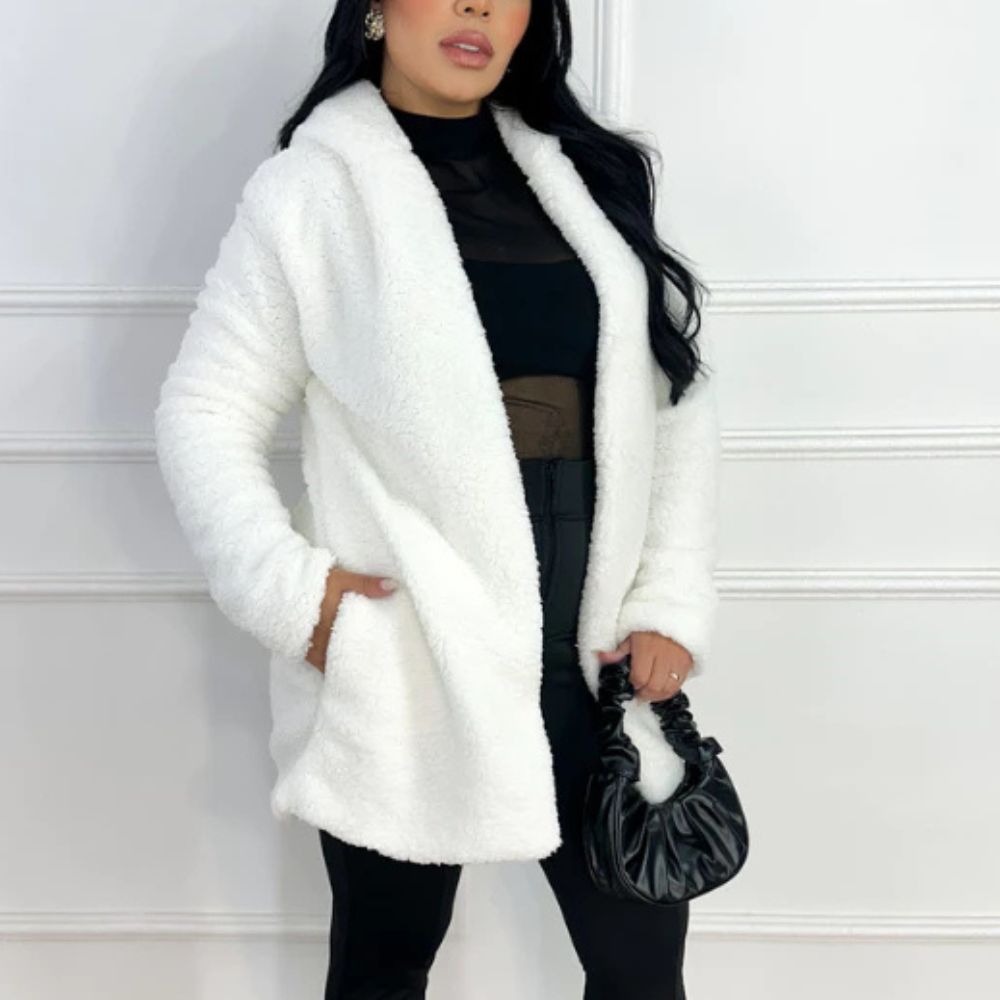 Langer Damen-Teddymantel mit Kapuze und Fleecefutter