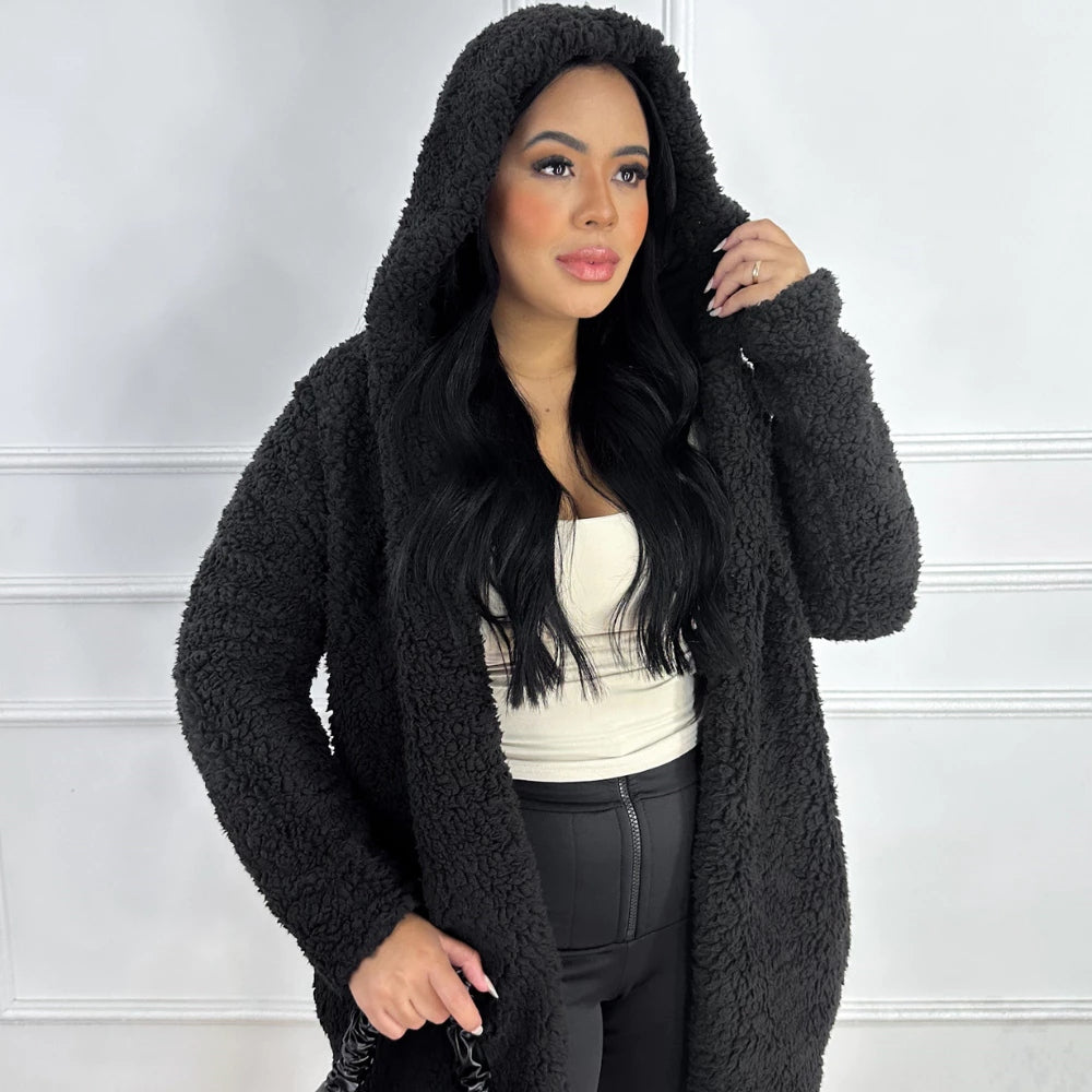 Langer Damen-Teddymantel mit Kapuze und Fleecefutter