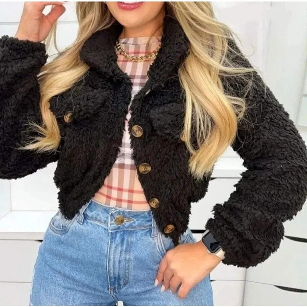 Damen-Plüschmantel mit Knöpfen für den Winter
