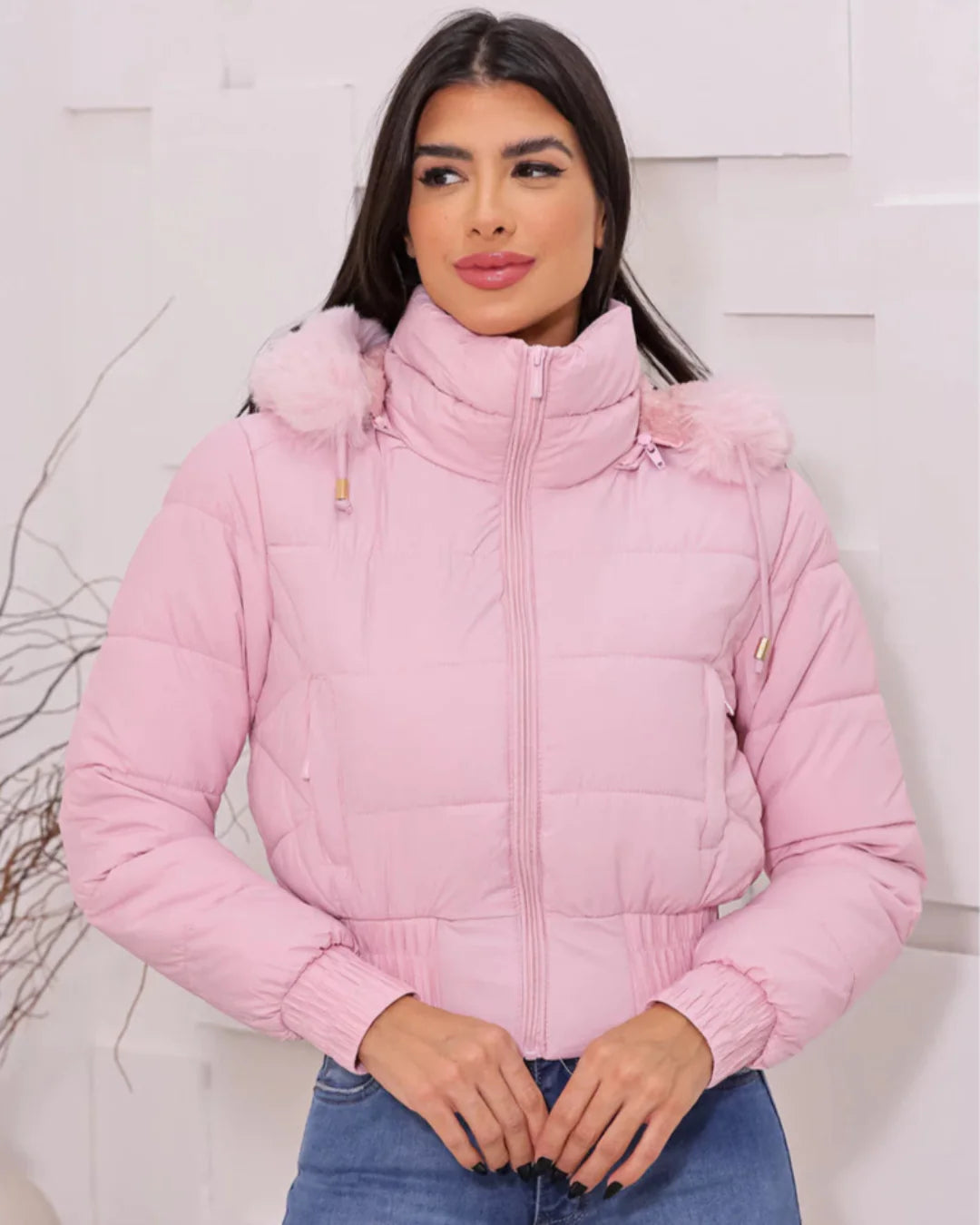 Kurze, wasserdichte Damen-Fleecejacke mit abnehmbarer Kapuze