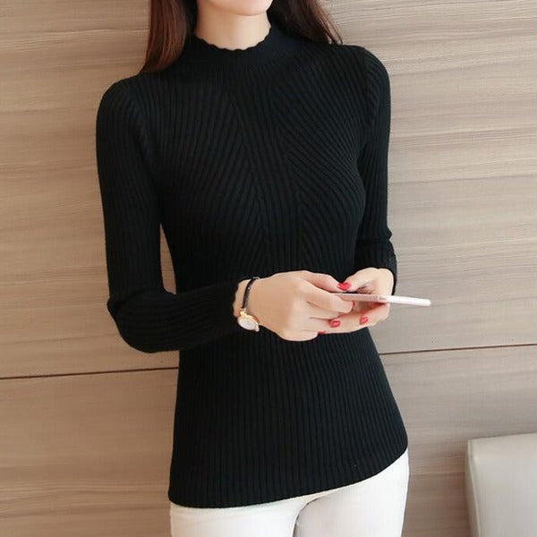 Damen-Rippstrickpullover in schmaler Passform mit hohem Kragen