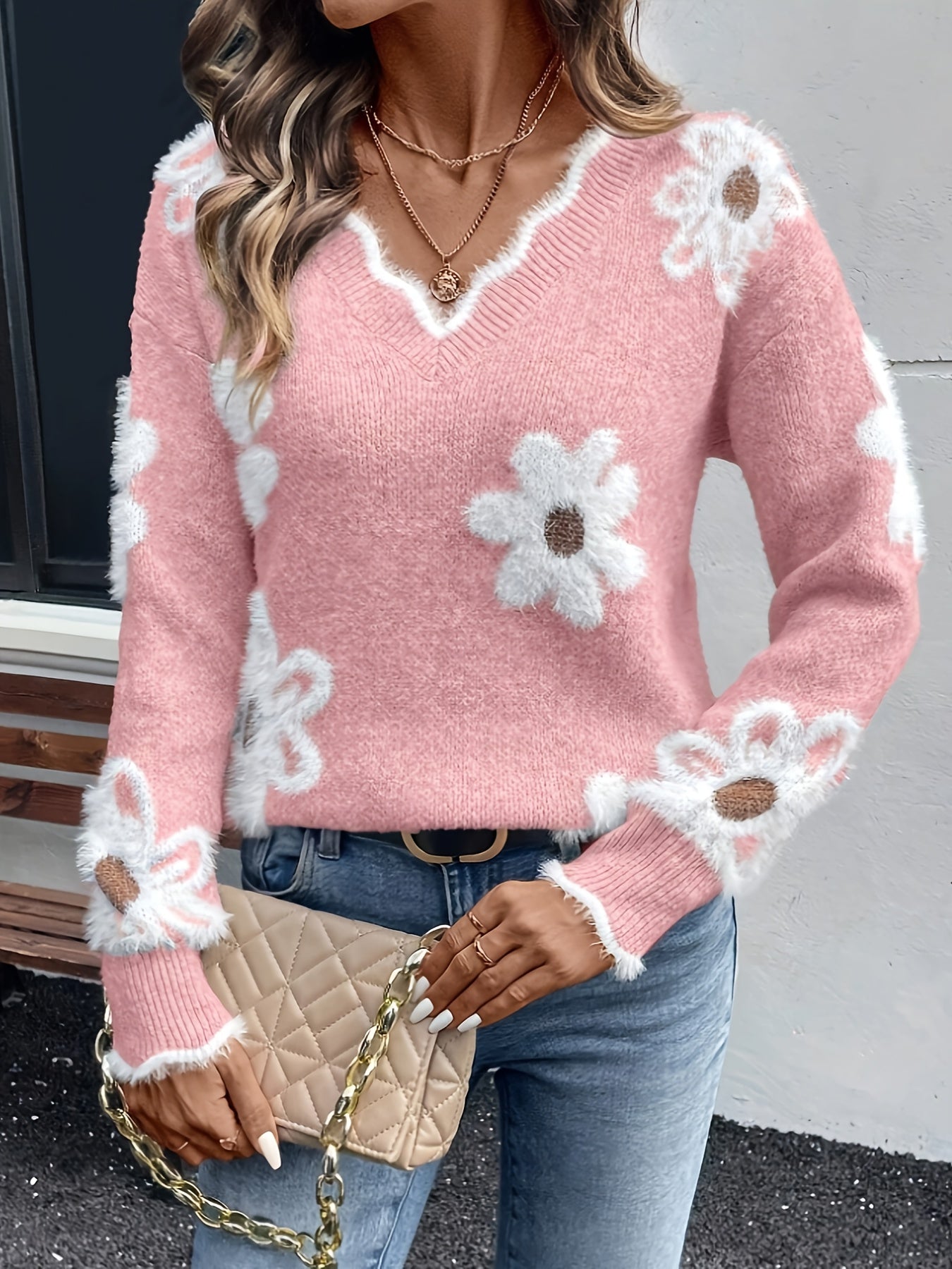 [Pink Sweater] Pink Floral Women's Sweater | Long Sleeve, Ribbed Cuffs, Casual Style, Perfect for Spring/Fall, Casual Wear, V-Neck, White Daisy & Brown Center Design